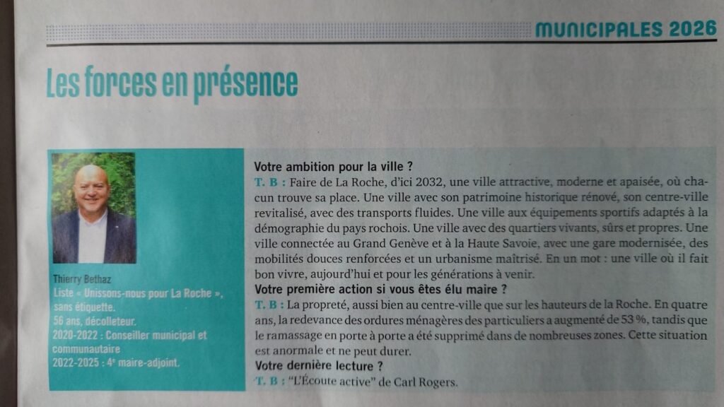 Page de journal “Les forces en présence” présentant Thierry Bethaz (Unissons-nous pour La Roche) avec portrait et questions sur les Municipales 2026.